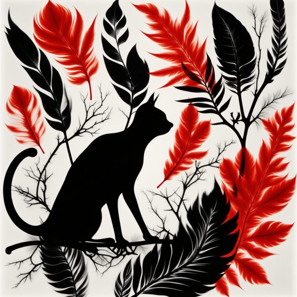 <lora:RBW:1.0> Photgram rayograph  cats , feathers, , branches and flowers in  in red, black anand white