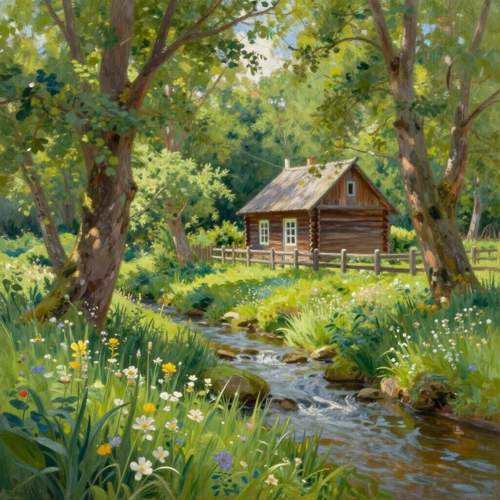 Tranquil Landscape Painting of a Wooden House by a Stream