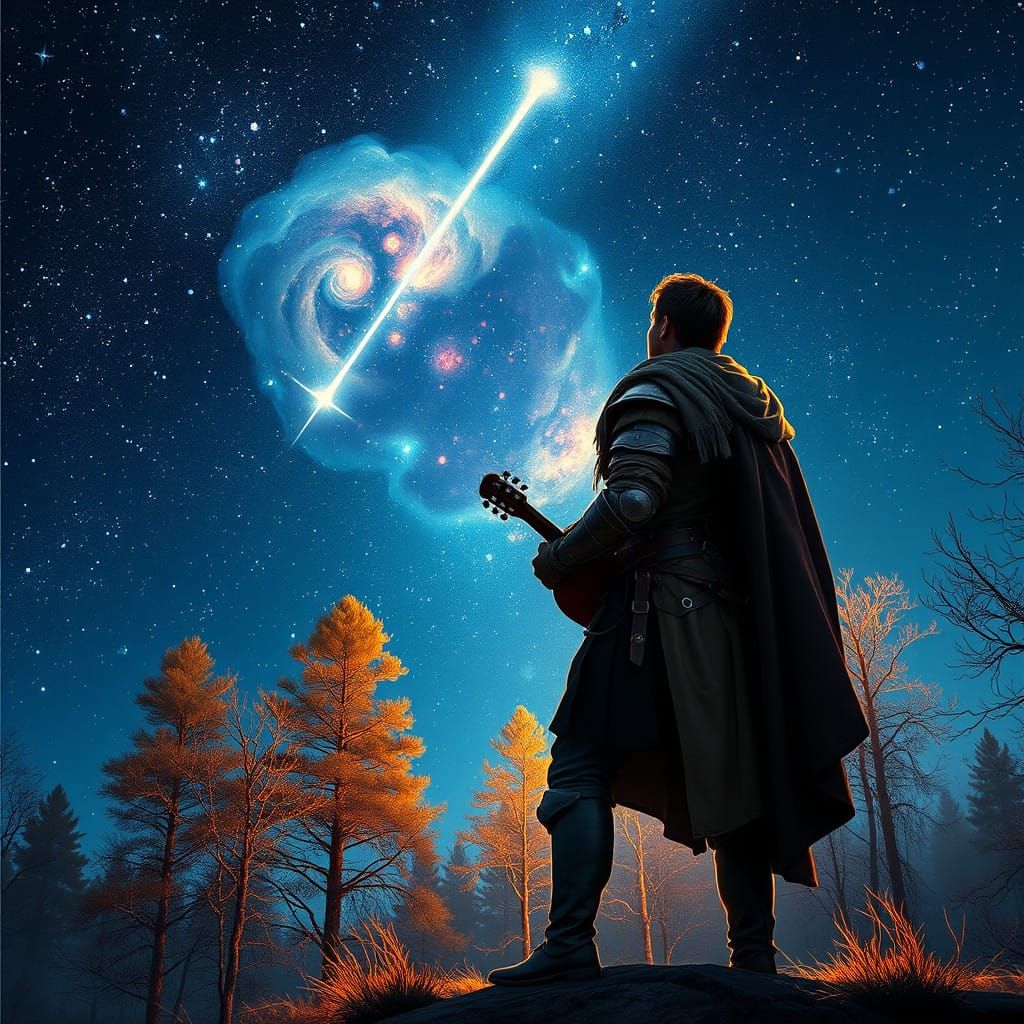 Medieval Bard Stands in Wonder Under Starry Night Sky with N...
