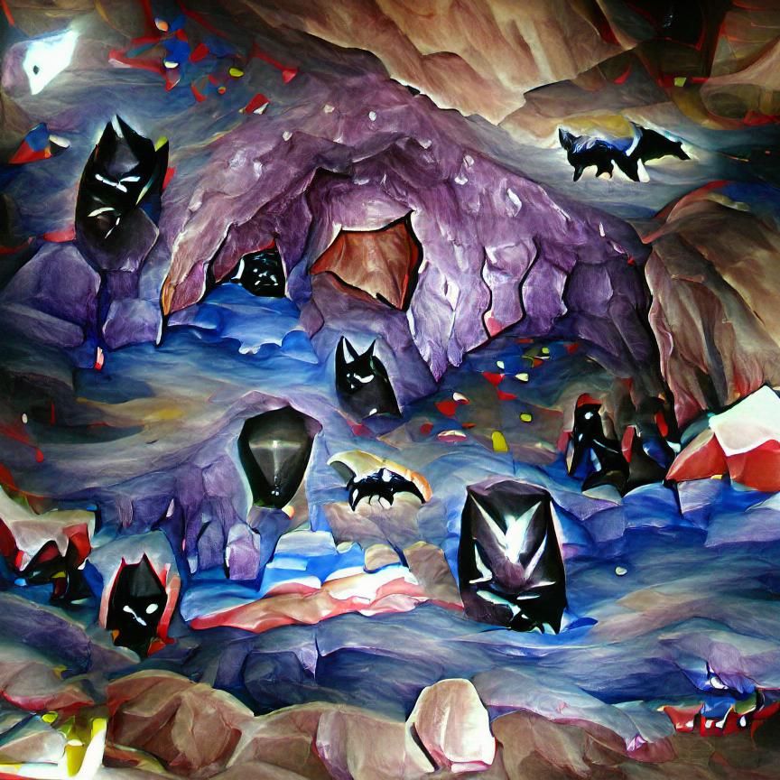 Obsidian cave with crystal bats detailed painting
