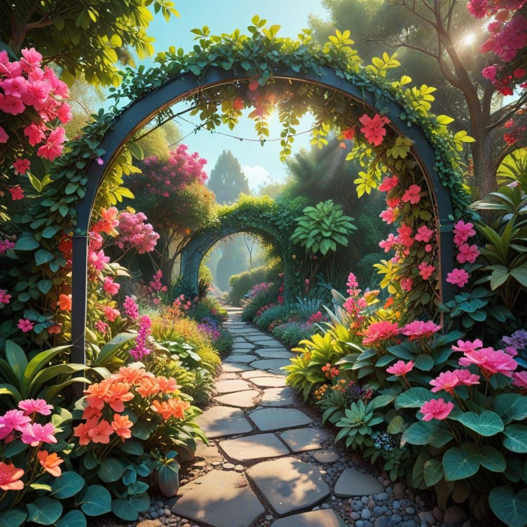 Whimsical Garden Oasis with Glowing Neon Sign