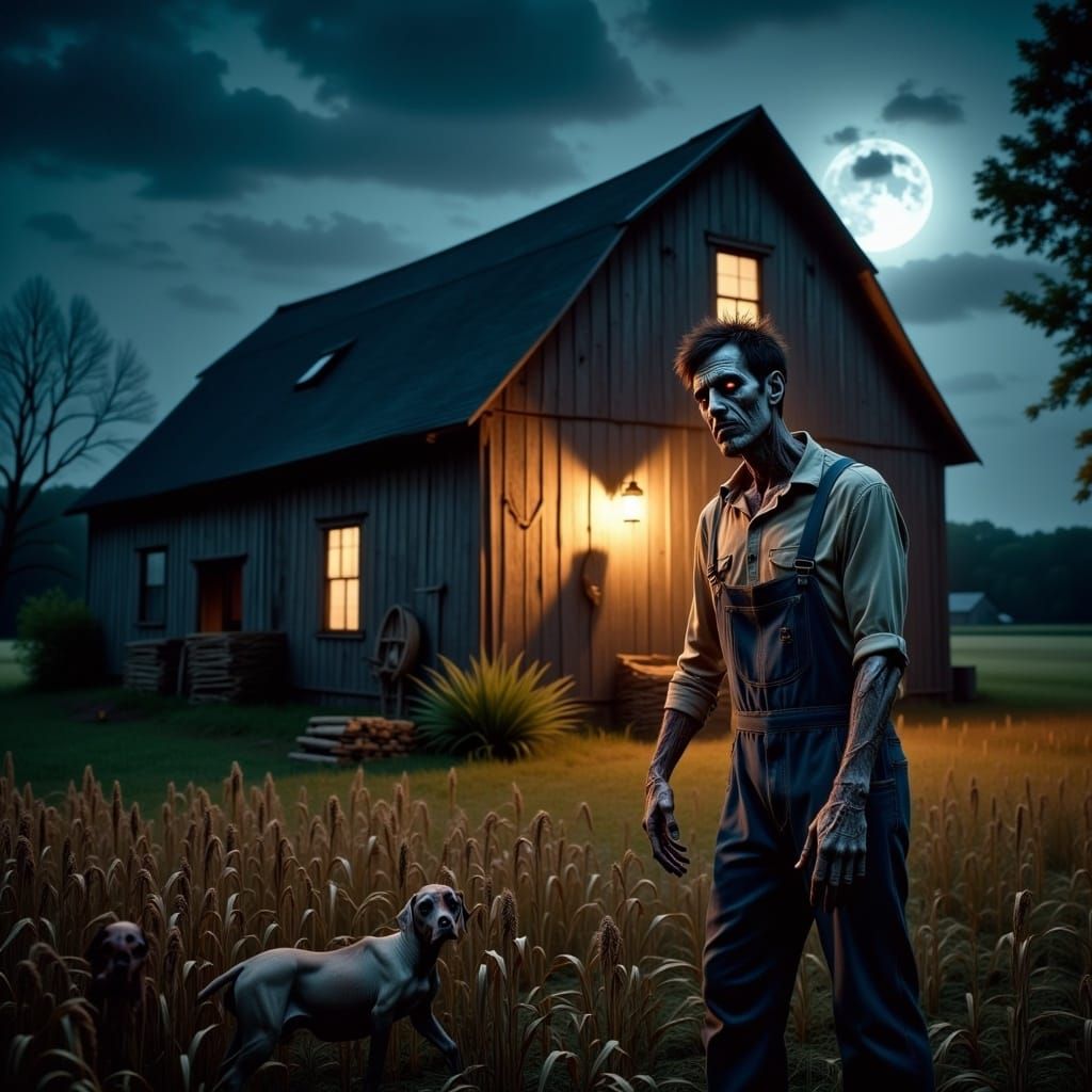 a zombie farmer outside a farmhouse barn at night in the style of farm horror<lora:farm horror:1.0>