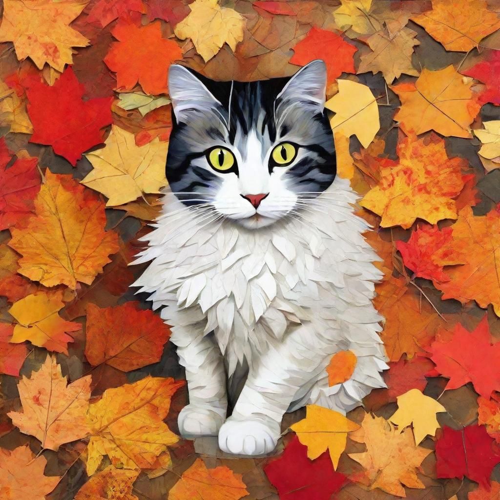 Fall paper collage with beautiful cat 
Fall paper collage art by Mikhail Larionov and Thomas Gainsborough