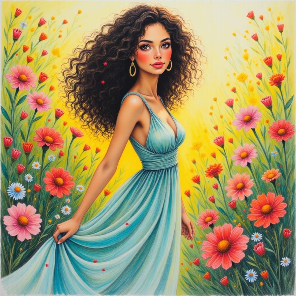 <lora:Art Crayon Drawing:1.0> beautiful woman, with curly pretty hair, dark eyes, and  dress, in a flowery garden.. ., art style crayon draw...