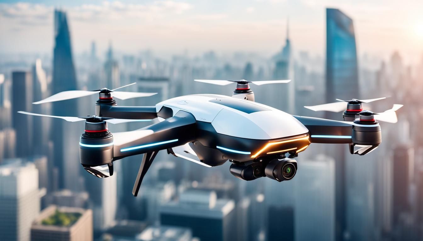 futuristic manned roto passenger drone flying in the sky ove...