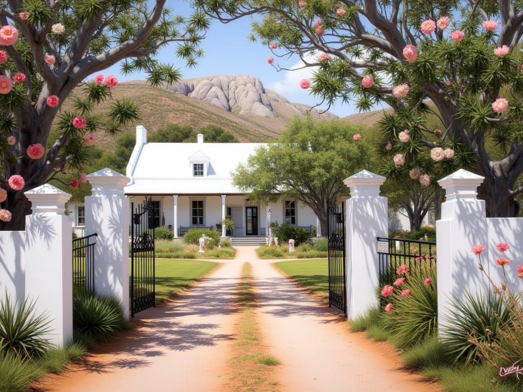 <lora:Africa - Karoo:1.0>Painterly image, low angle view of a large grand white limewashed Karoo homestead nestled among tall shady trees at...