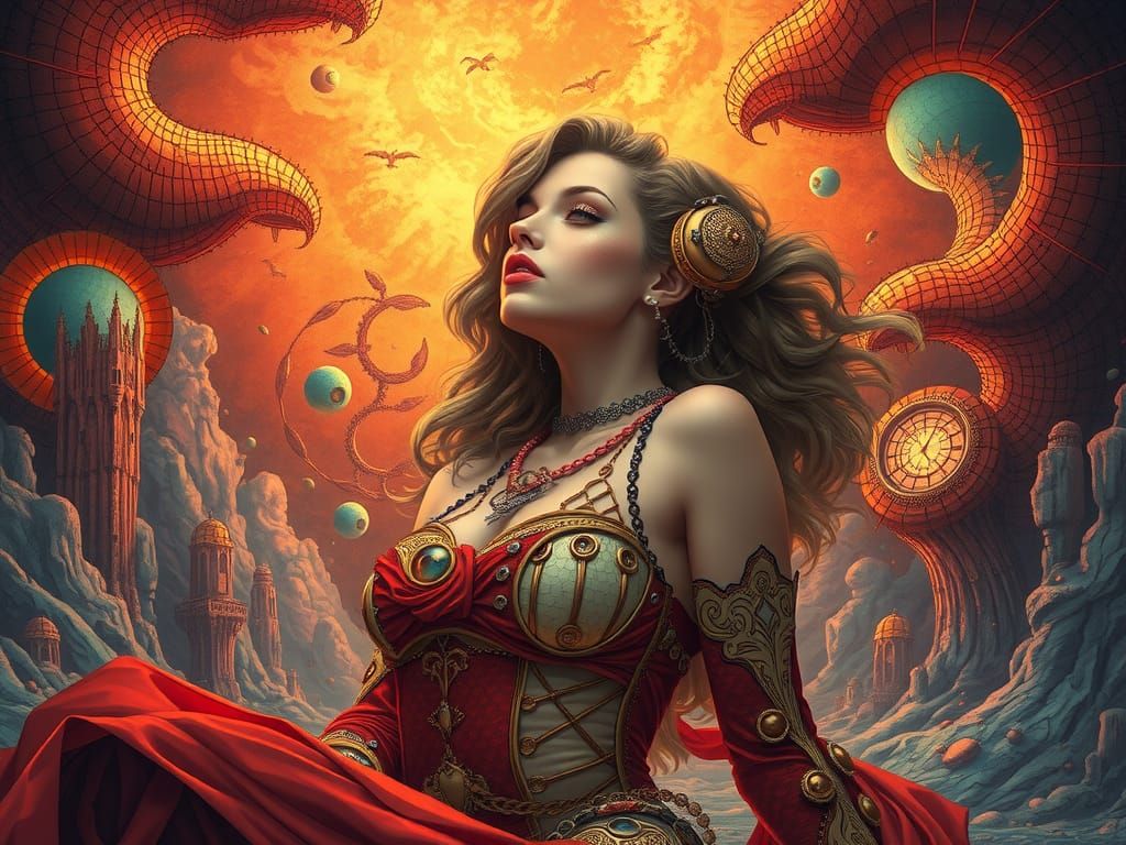 Steampunk Woman in Surreal, Interdimensional Landscape