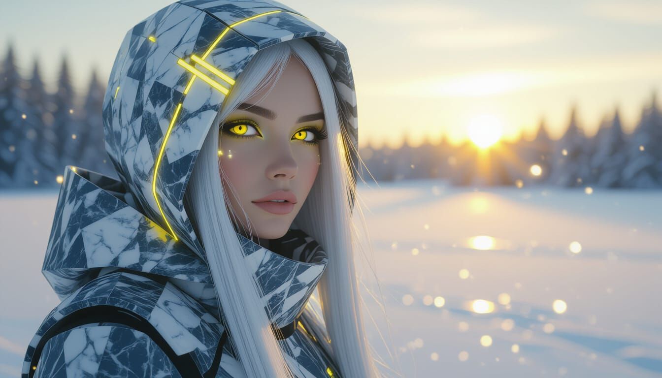Bright Utopian Futuristic Art. side Portrait. A woman, with big vivid yellow eyes, coat constructed out of marble and gr...