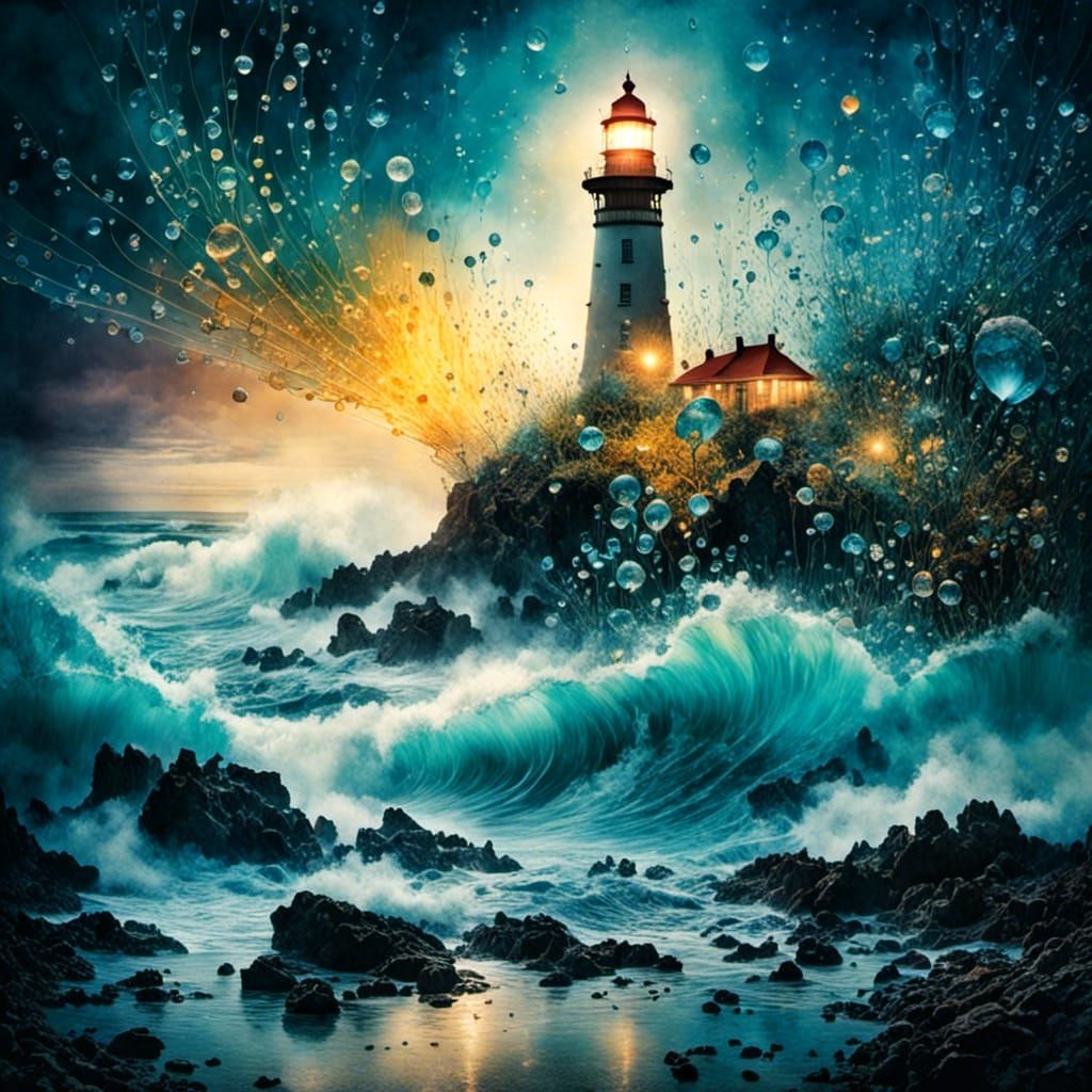<lora:Xray:1.0> a rocky ocean coast with a lighthouse, double exposure, luminous artistic xray photography, mysterious glow, dreamy, fairy l...