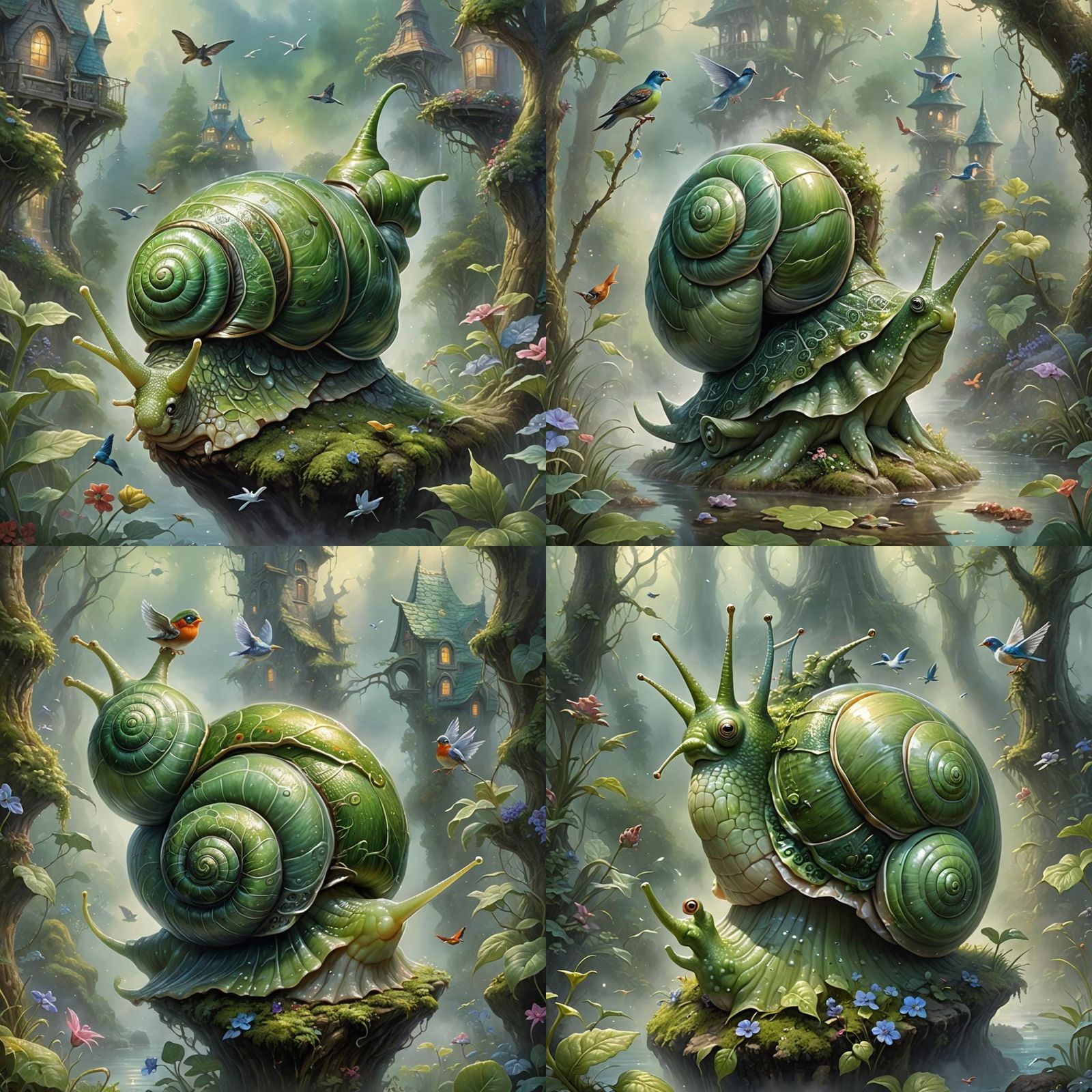 Green snail head, with bird body and humane feet