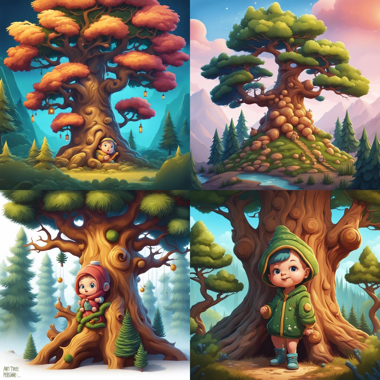 Pine tree personification, baby, cute, ip, cartoon, vector illustration