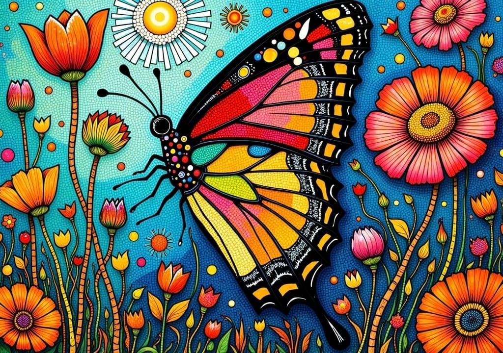 <lora:Bold:1.0> Close up macro of colorful bold butterfly flying through the landscape by John Piper, James R. Eads and Paul Klee