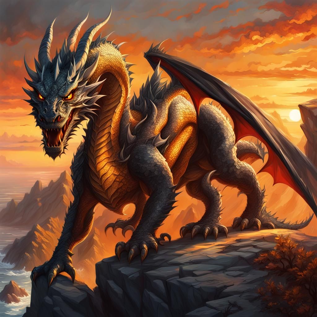 majestic, brave, mighty dragon with white and black details,...