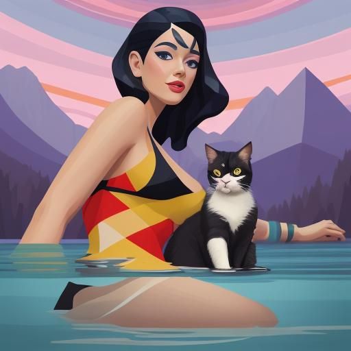 Cubist Woman and Cat at Sunrise near Eiffel Tower