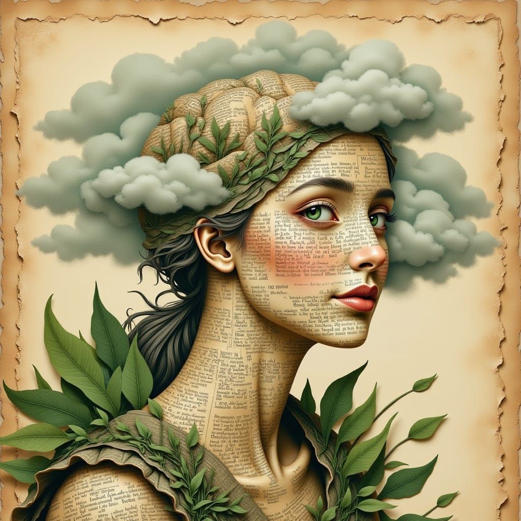 A beautiful illustration of a tortoise portrait is perfectly blended with a vintage newspaper texture with green lush ephemera and paper clo...