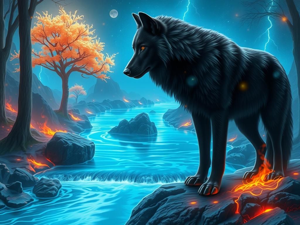 Majestic black wolf in fantasy forest.
