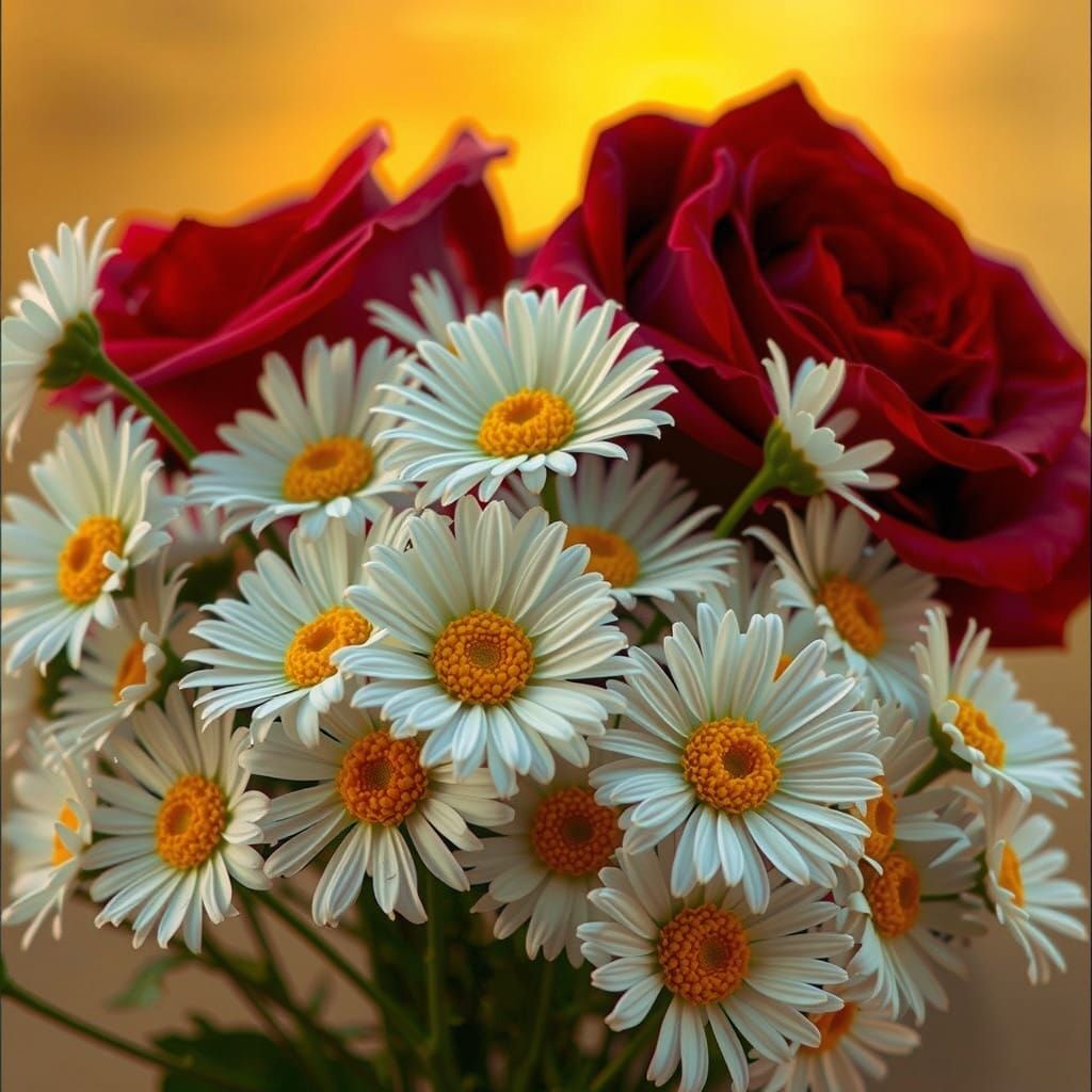 Bouquet of daisies, with one rose,On the ocean coast