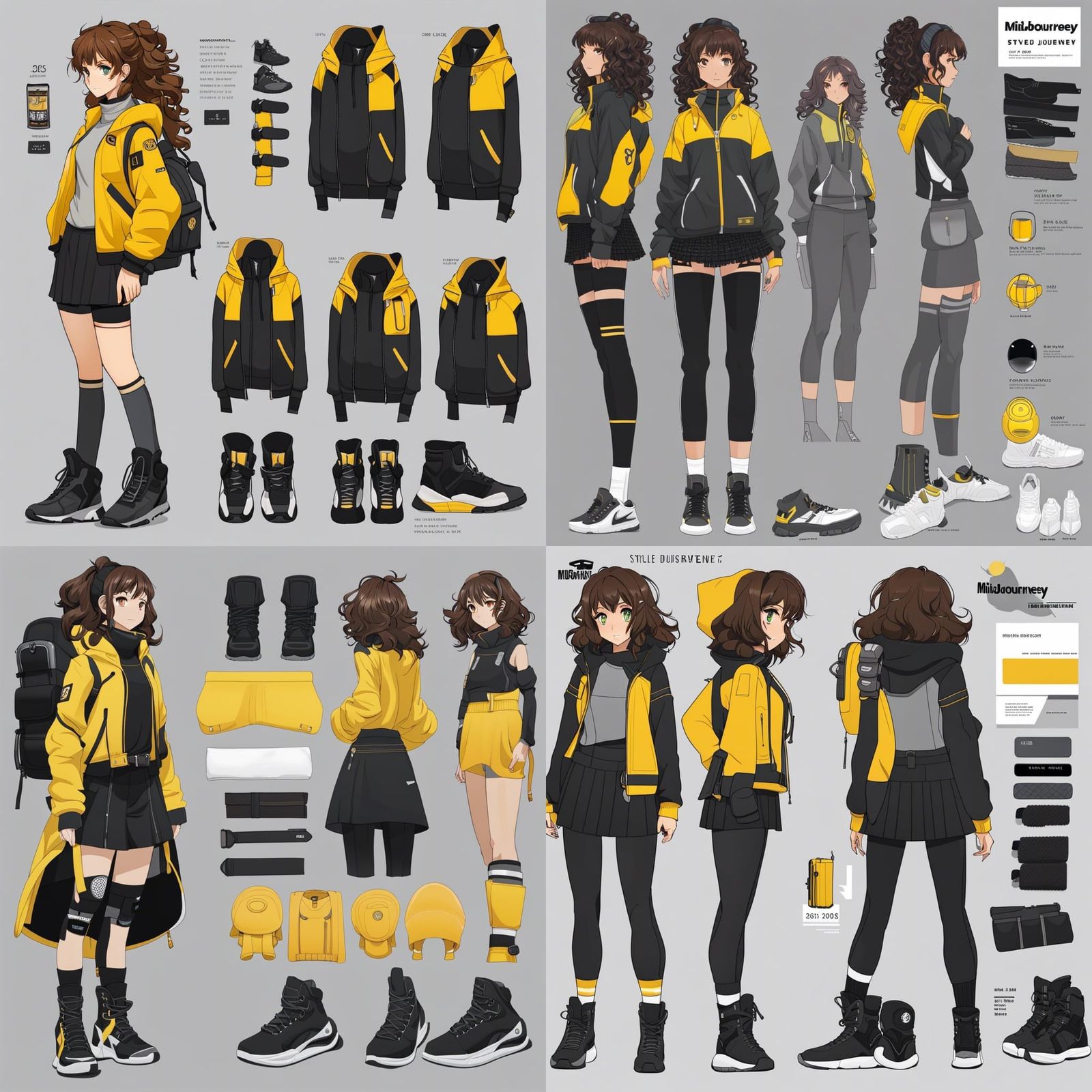 midjourneystyled anime girl concept reference sheet ; techwear theme