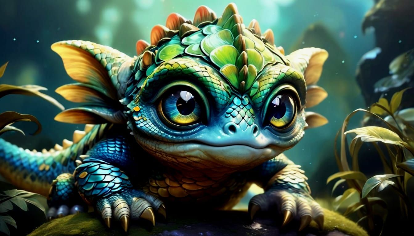Cute Fantasy Creature with Scales and Big Eyes