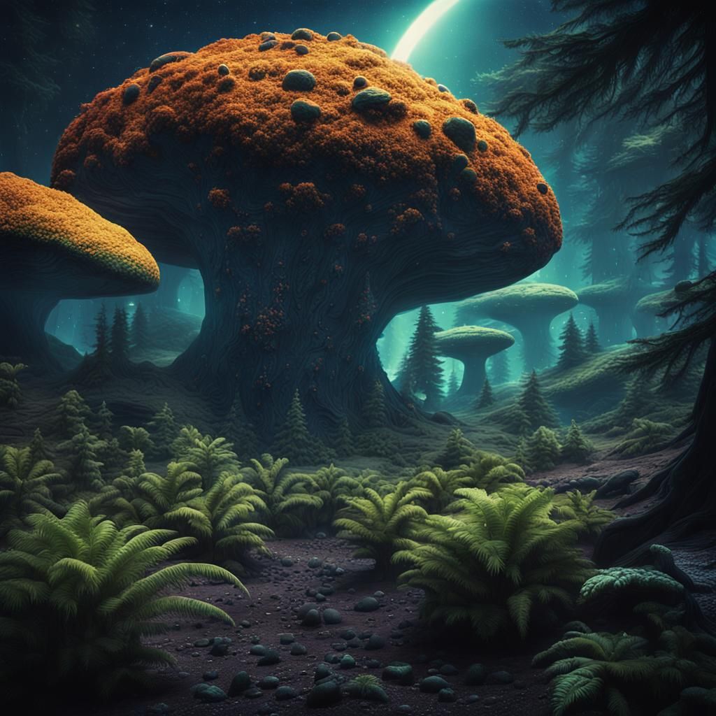 An alien forest on an asteroid in space 