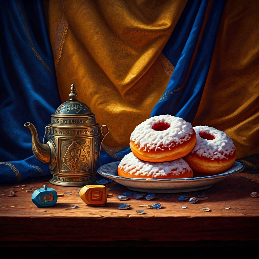Traditional Jewish Dreidel and Sufganiyot Scene in Warm Gold...