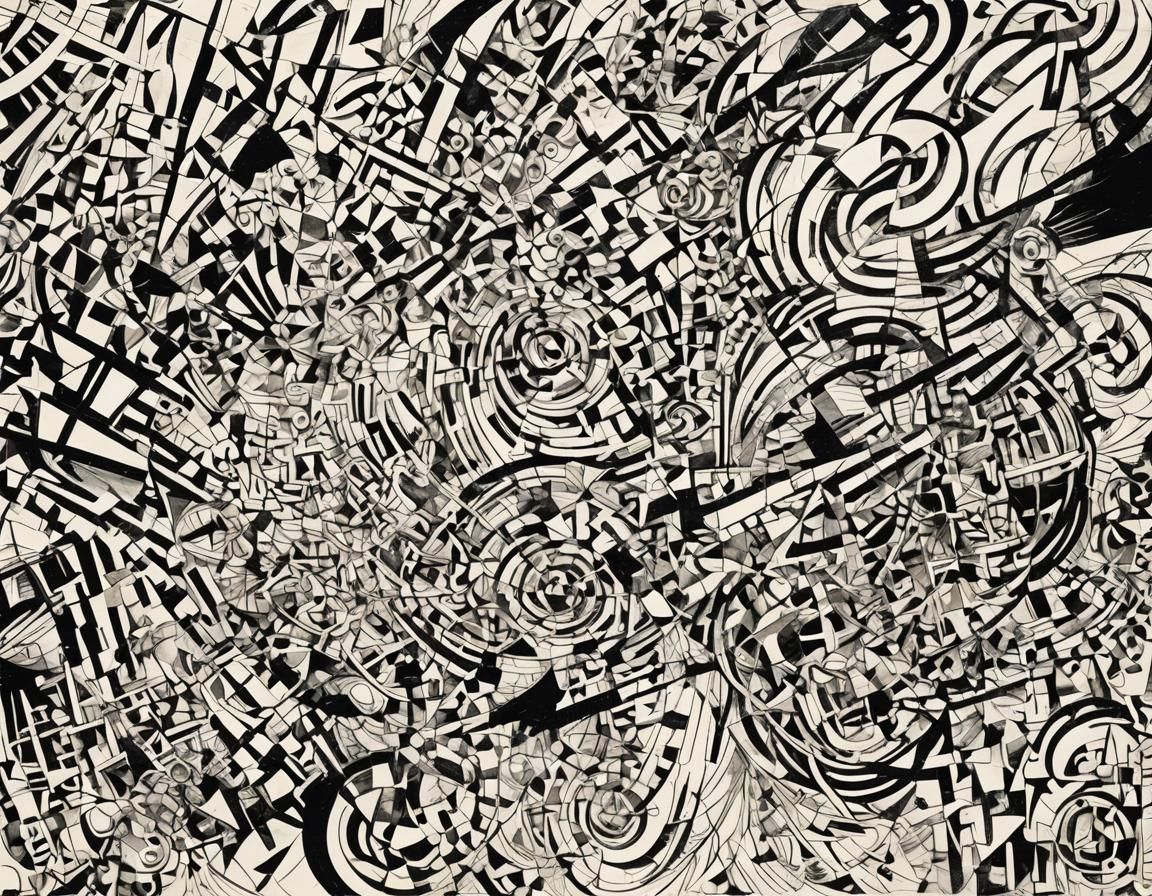 A complex array of black lines and abstract shapes swirl cha...