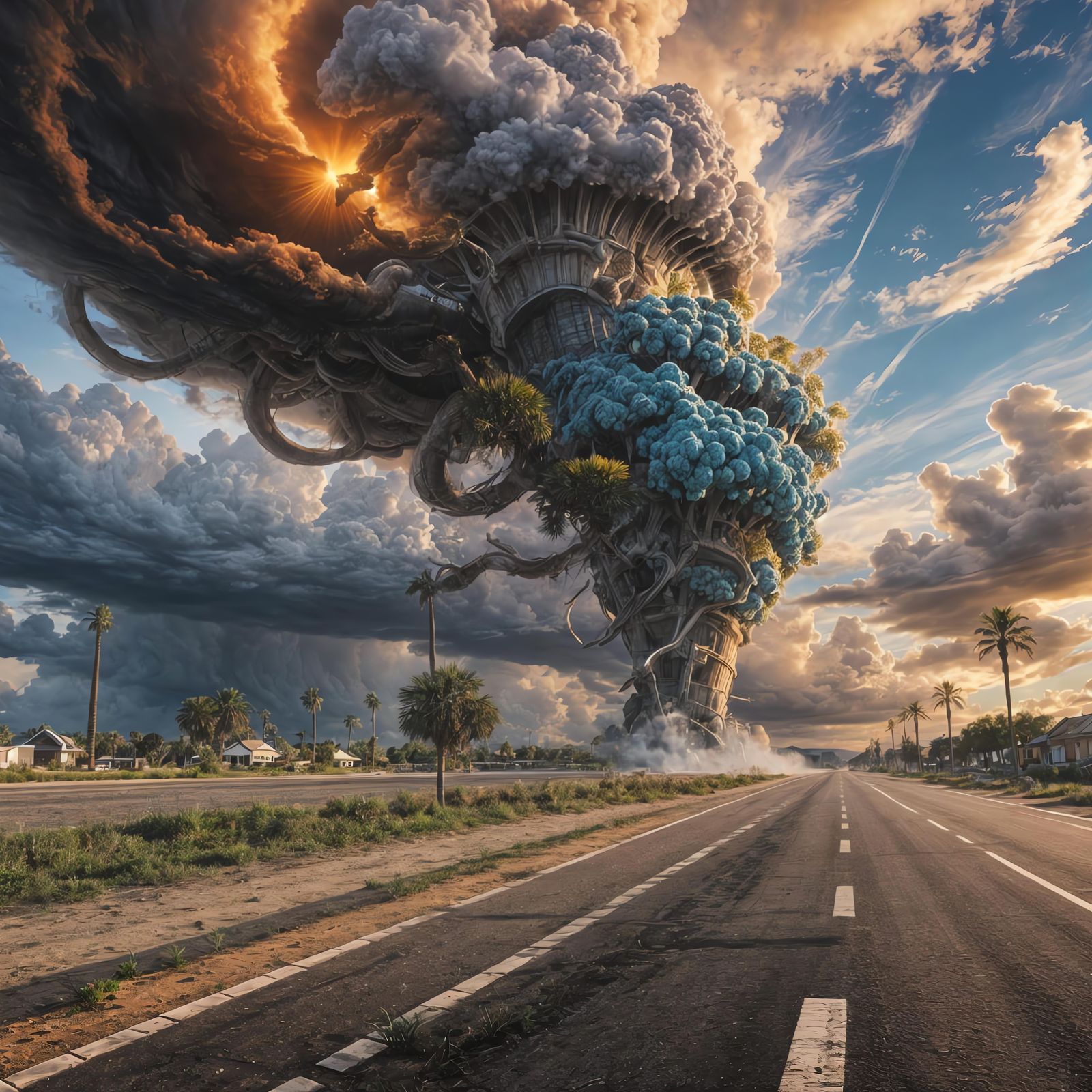 palm tree-lined sunset on an alien planet, where the silhoue...