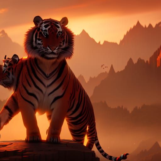 tiger woman in draft style, sunset lighting, sacred temple b...