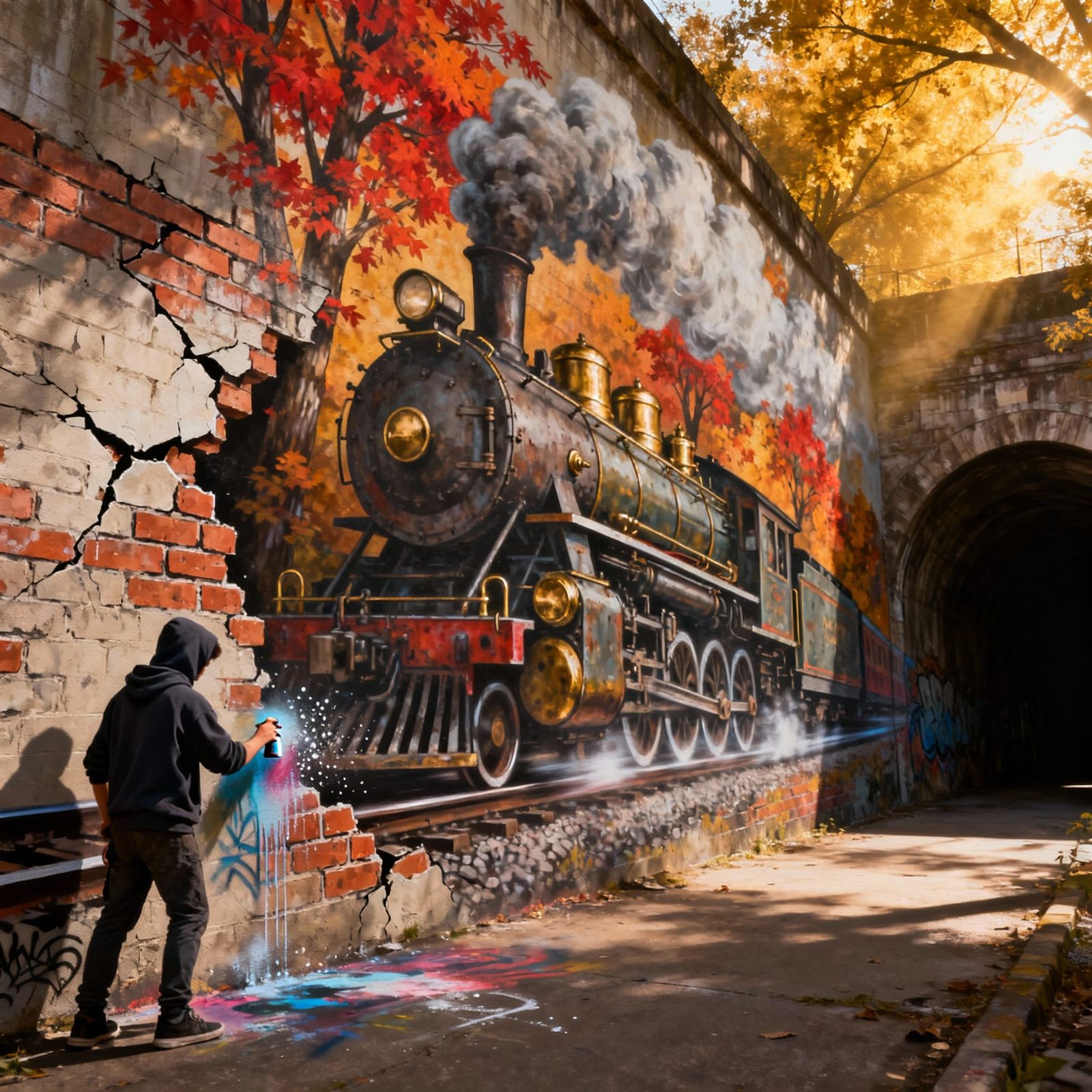 Young tagger, spray-paints a surreal artwork depicting a trompe l'oeil