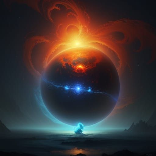 Baby in Womb Holds World's Fire, Cosmic Digital Art