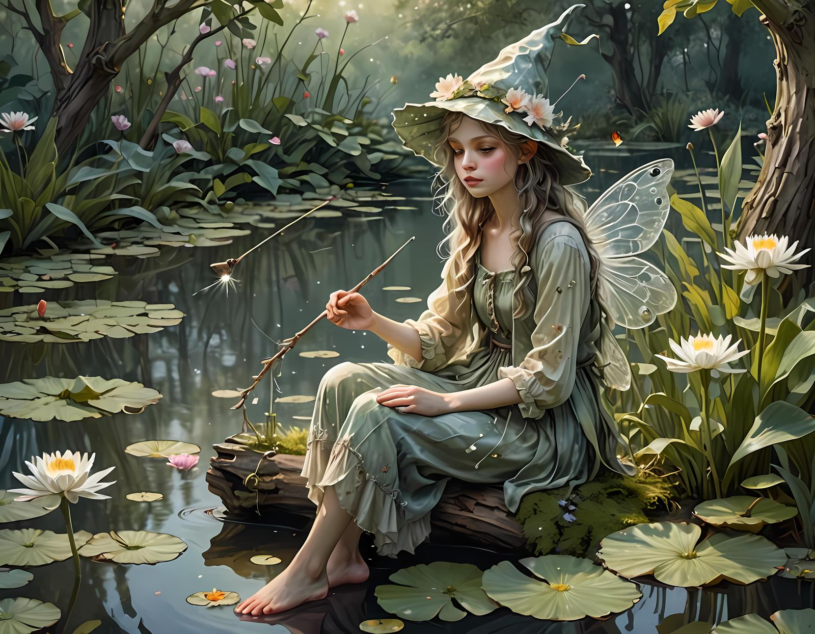 On a gloomy winter afternoon, a weathered fairy  sat on a tree trunk fishing in small pond with lily ...  by @Vey Telmo