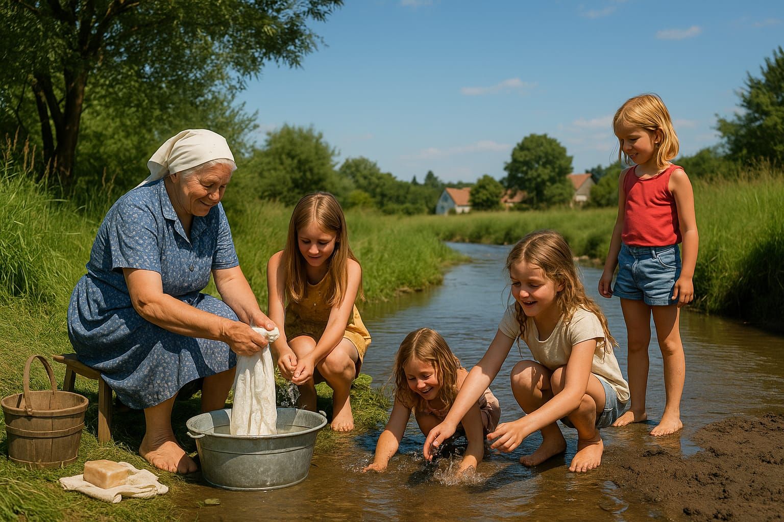 The children went out to the stream with their grandmother on a sunny summer holiday morning to have fun and help her be...