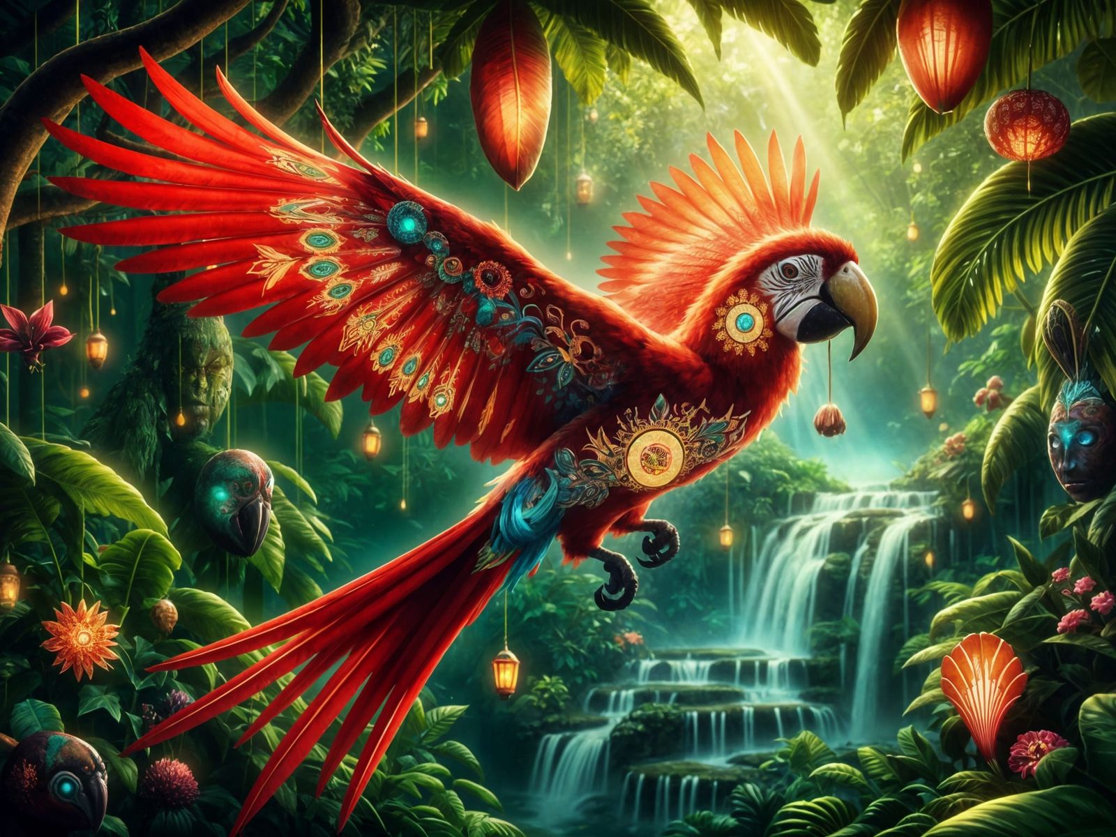 <lora:FiosAnimalGlowInk:1.0> Scarlet macaw with glowing passion flower & tribal sun patterns
