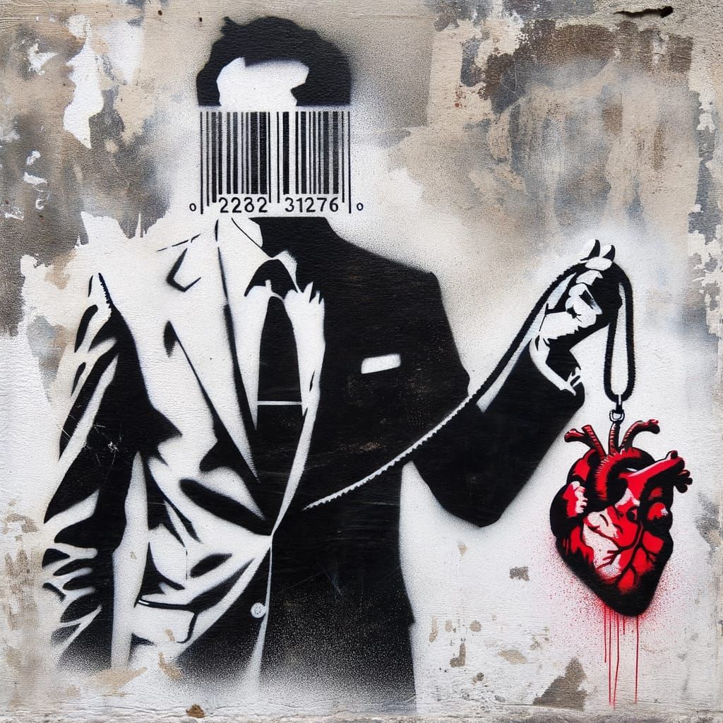 Monochrome Stencil Art: Barcode Businessman with Heart