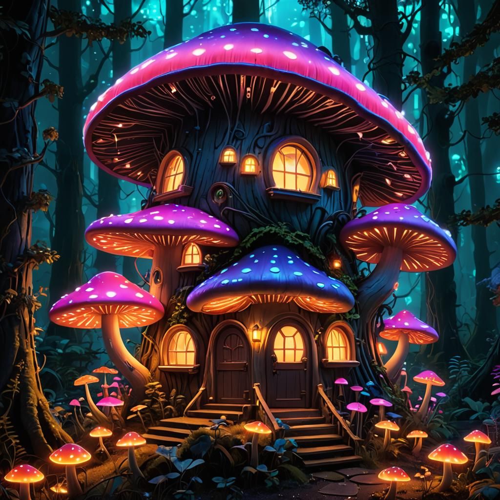 A neon fairy mushroom house in an enchanted bioluminescent f...
