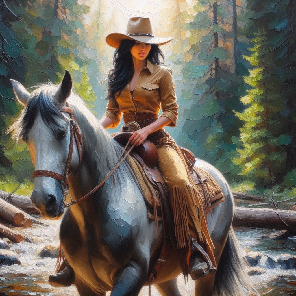 Into the woods, at the break of day, rode the ranger on her dapple gray.