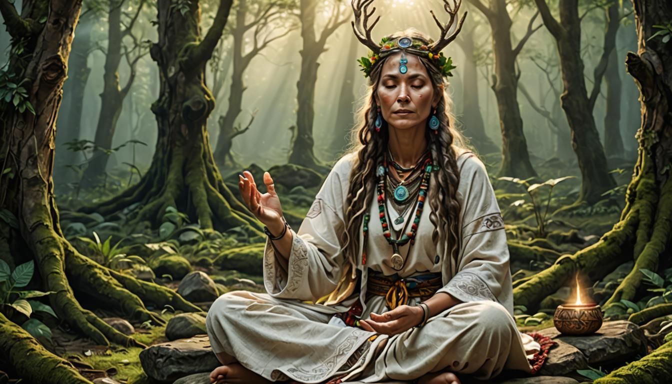 female druid shaman within meditation, transcending consciou...