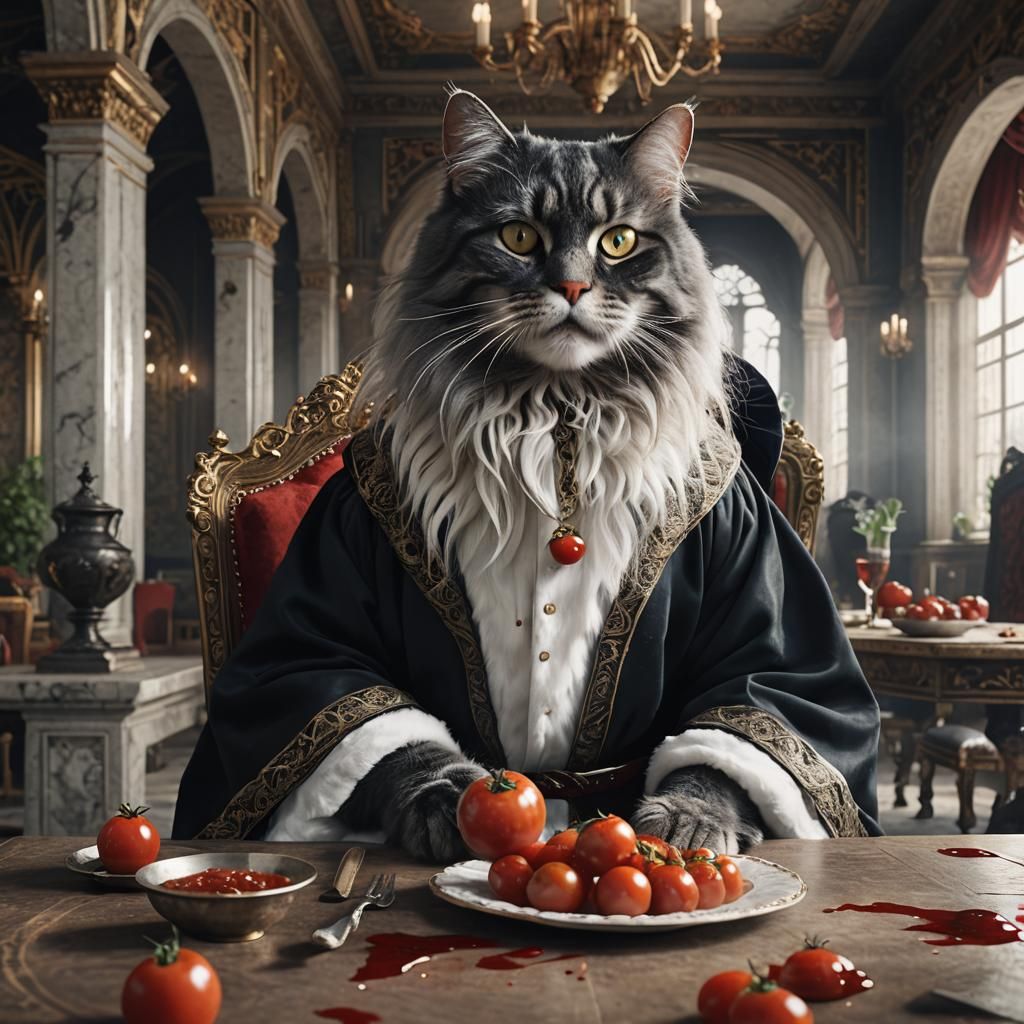 A cat dressed as a noble cat with long grey hair wearing a b...