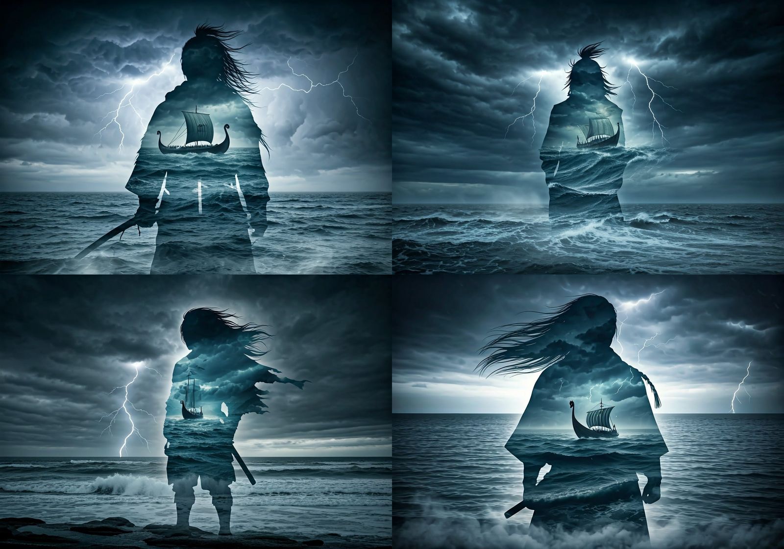 [Double exposure of a Japanese warrior] standing in a battle-ready stance, samurai sword held at his side. His silhouett...