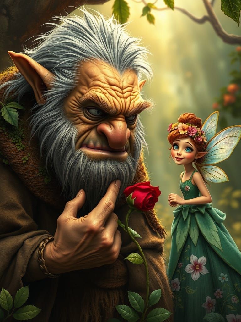 fantasy Hamtaro a big grumpy old troll has a thorn in his thumb from picking a rose he is in anguish The adorable worried pixie helps with a...