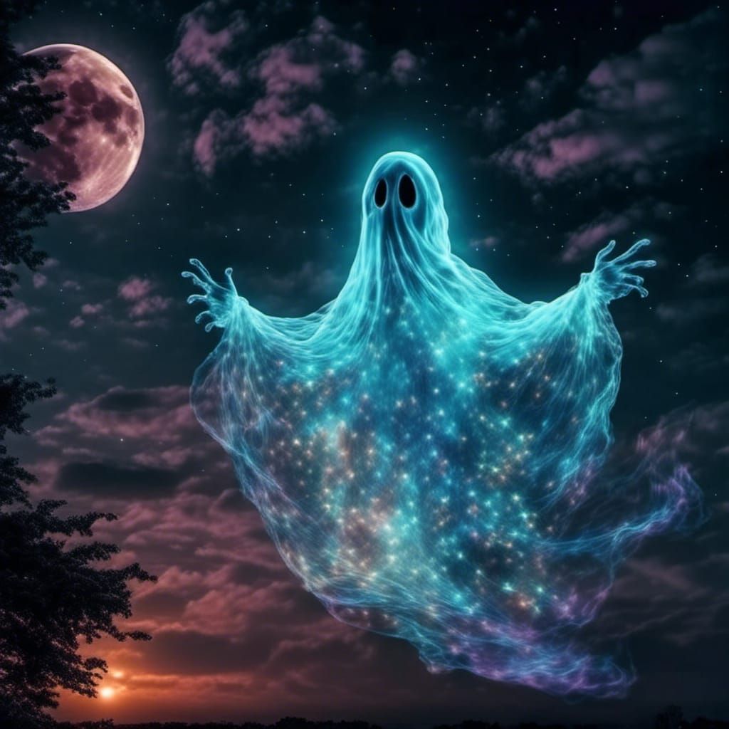 hauntingly beautiful glowing whispy  ghost, looking up at ni...