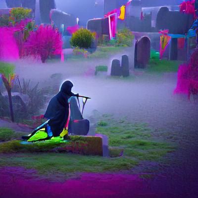 grim reaper playing a guitar in a graveyard with neon colore...