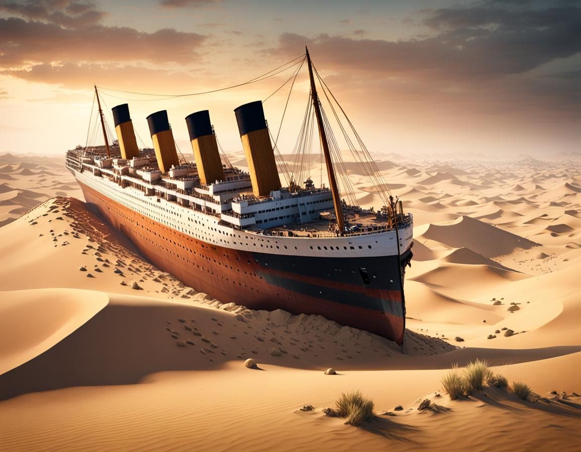 The Titanic, broken in two and half disintegrated, lies half sunken in ...