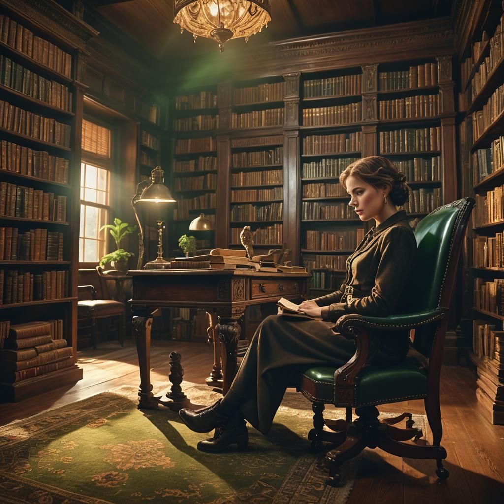 Vintage library setting with antique wooden desk, green read...