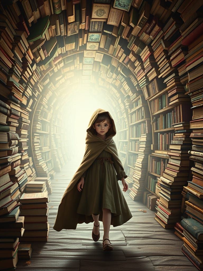 ethereal fantasy. a young girl walks in a tunnel made of tho...