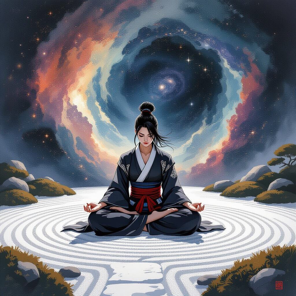 Samurai Warrior Meditating in Cosmic Zen Garden Ink Wash