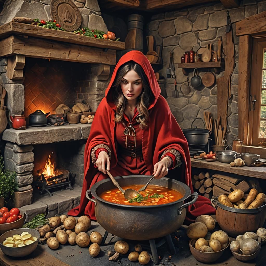 A striking, hyperrealistic sensual Red Riding Hood, cooking ...
