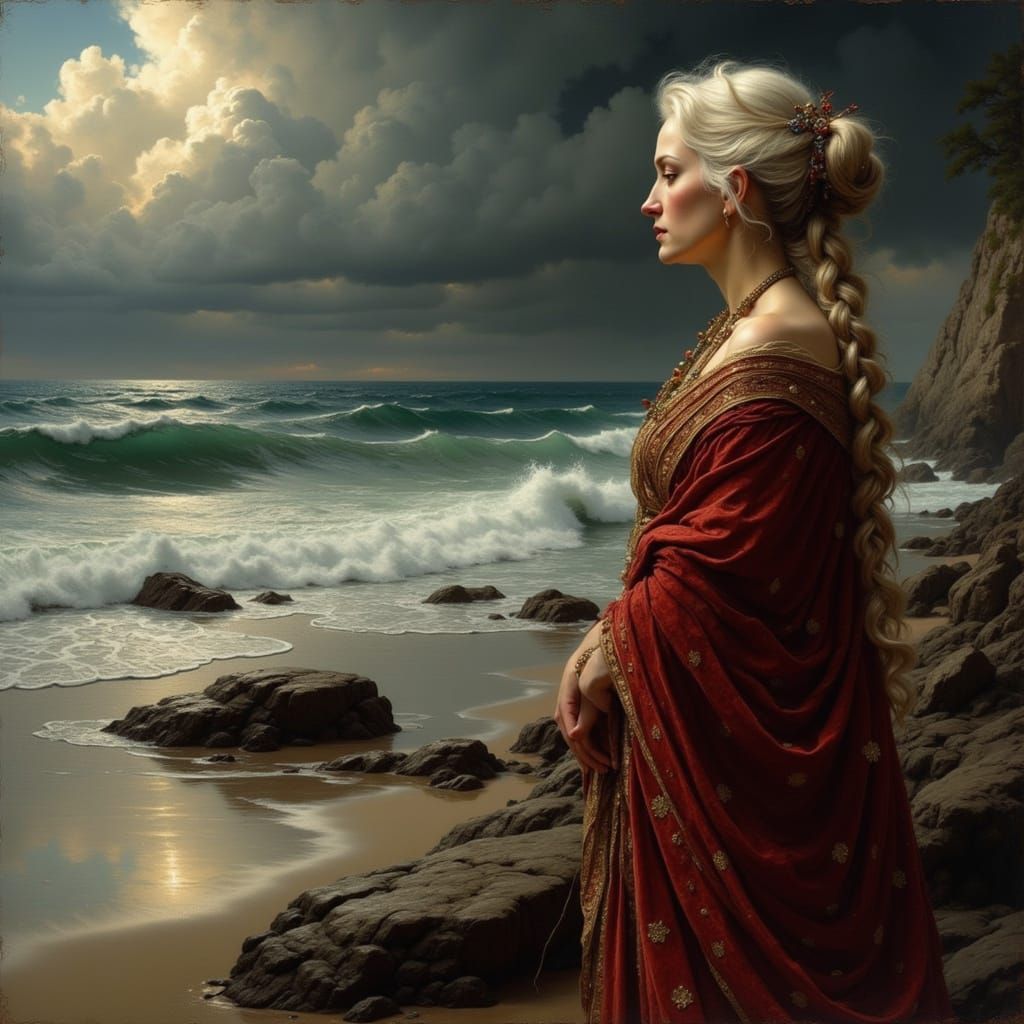 Romantic Portrait of Sad Old Woman in Crimson Cloak