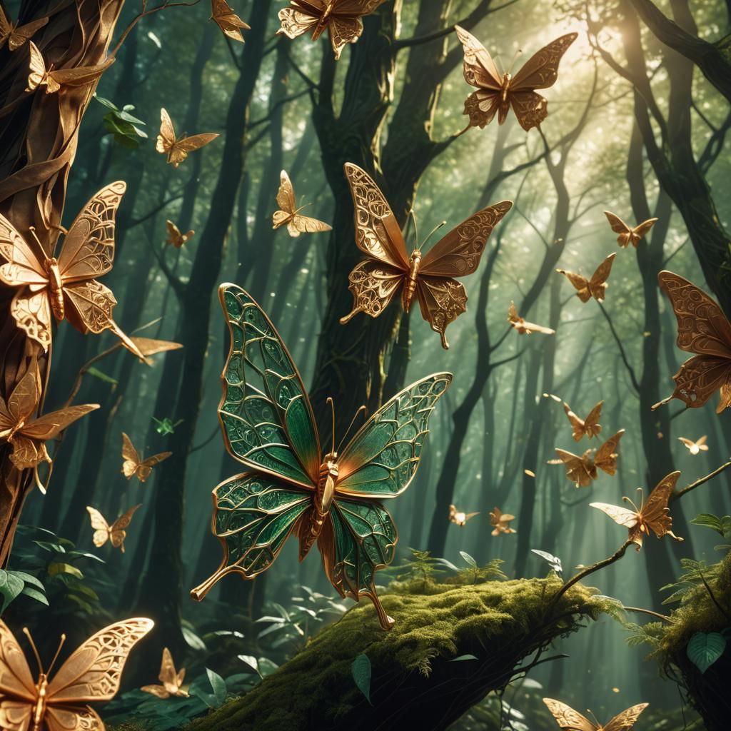 Copper Origami Butterfly in Mystical Forest
