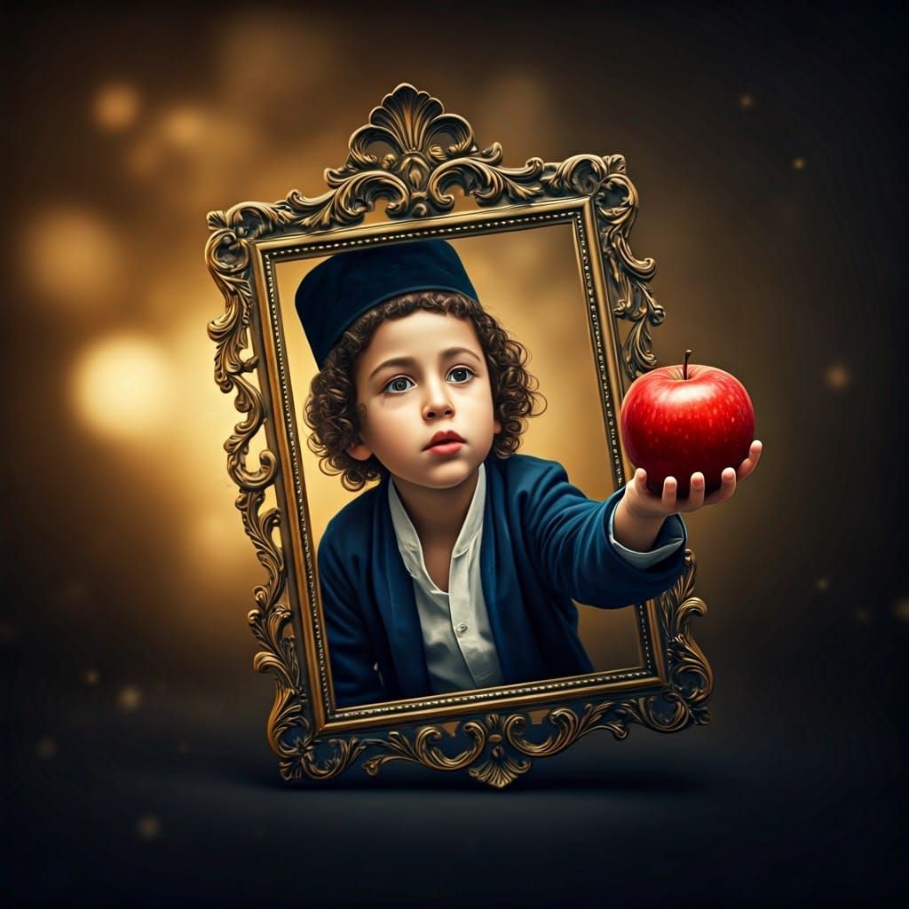 Boy with Apple Emerging from Picture Frame
